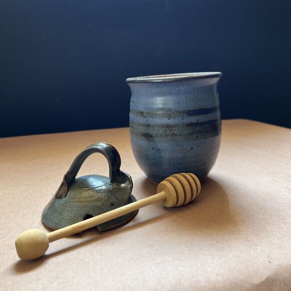 Handmade Signed Pottery Honey Pot With Stick Blue - Picture 7 of 9